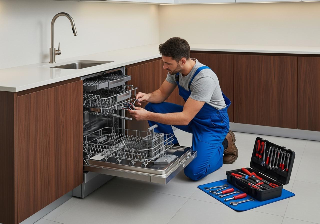 Technician inspecting a built-in dishwasher