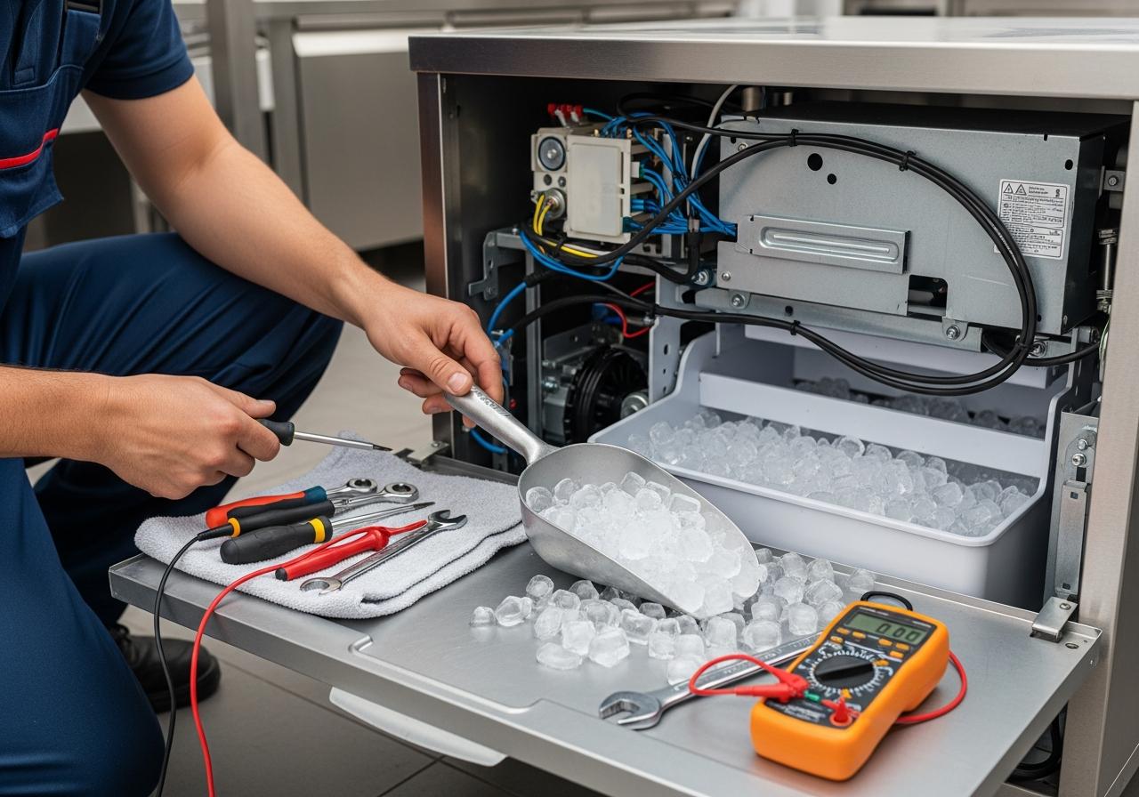 Technician cleaning a commercial style ice machine
