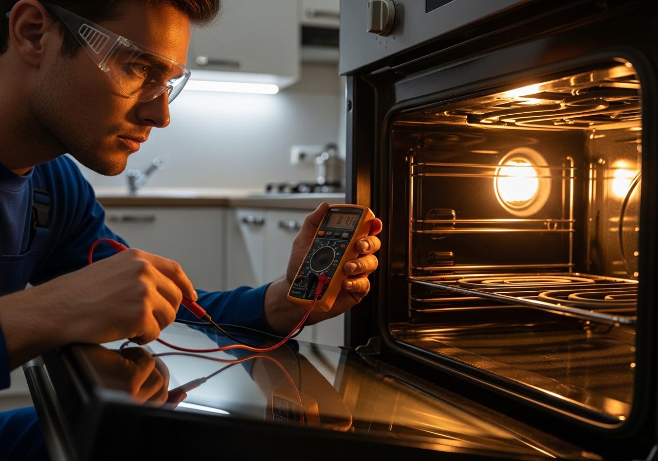 Technician repairing a built-in wall oven in a luxury kitchen