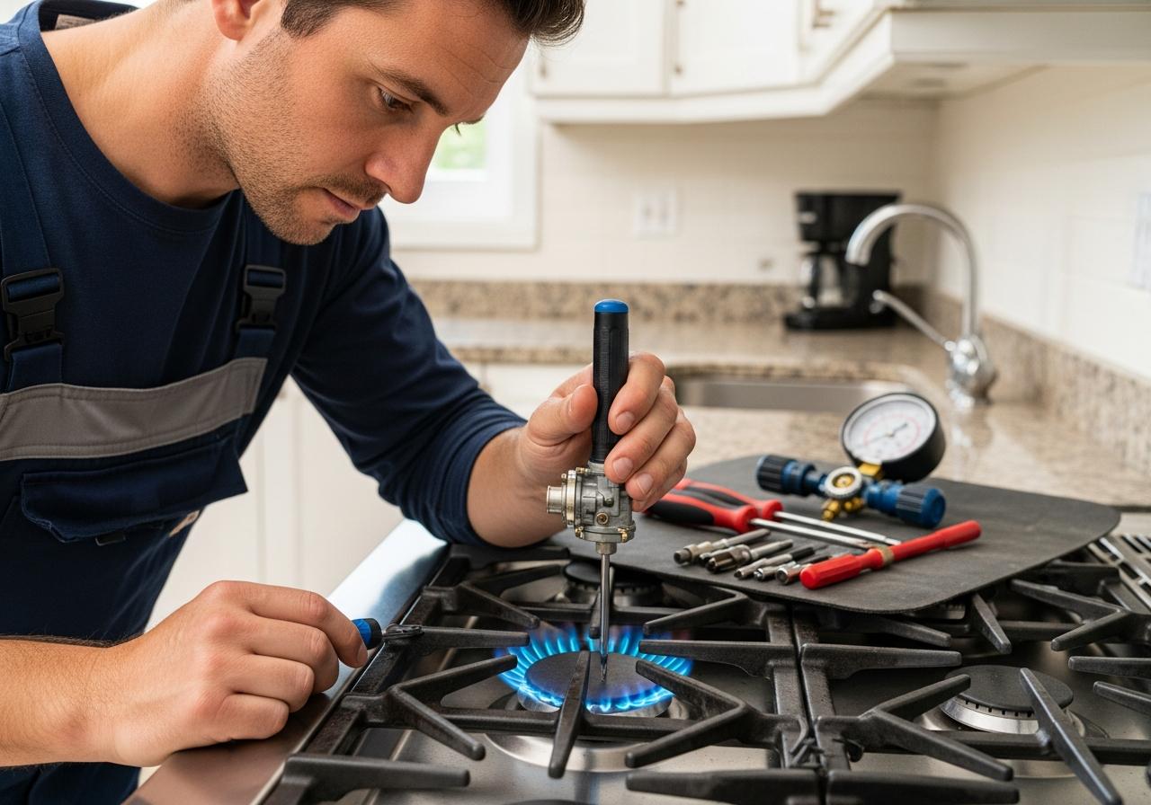 Technician repairing a professional gas range