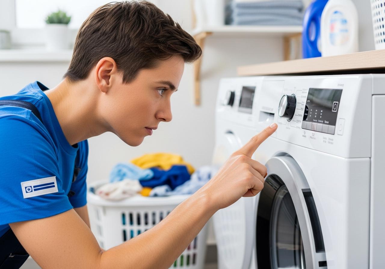 Technician fixing a front-load washing machine
